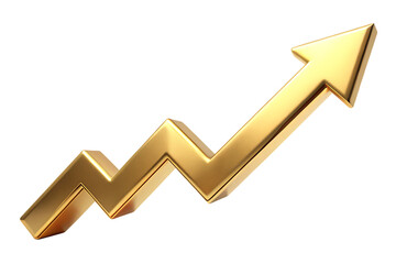 Golden arrow graph symbol, indicating upward financial trend and progress, cutout, PNG, isolated on white or transparent background, AI
