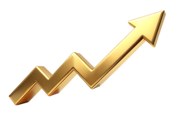 Golden arrow graph symbol, indicating upward financial trend and progress, cutout, PNG, isolated on white or transparent background, AI