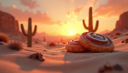 Papier peint photo Bordeaux Desert landscape with cactus plants at sunset. Sweet cinnamon rolls with icing rest on sandy dunes. Warm orange light illuminates the scene. This bakery treat photo evokes a unique contrast.  © Viktor