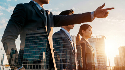 朝日夕日の中の都市オフィスで進路を指し示すビジネスパートナーリーダーと従う従業員の選択した進む未来