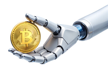 Robotic hand, gently holding a shiny gold Bitcoin cryptocurrency coin, cutout, PNG, isolated on white or transparent background, AI