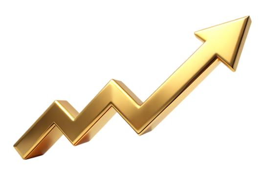 Golden arrow graph symbol, indicating upward financial trend and progress, cutout, PNG, isolated on white or transparent background, AI