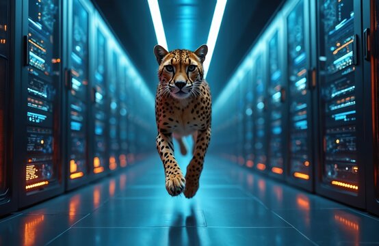 Cheetah runs in futuristic server room with glowing lights. Animal predator in data center symbolizes speed tech innovation. Wild cat speed through network infrastructure with energy.