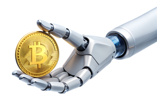 Robotic hand, gently holding a shiny gold Bitcoin cryptocurrency coin, cutout, PNG, isolated on white or transparent background, AI