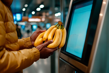 Hands of a person buying bananas in a supermarket, at a payment machine 