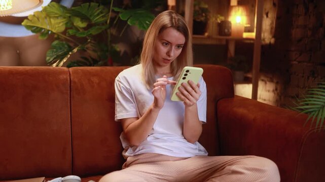 Young woman enjoying leisure time with choosing clothes or something at internet store in cozy environment,
