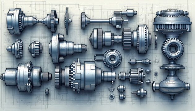 Mechanical components including gears shafts, bearings laid out on blueprint paper. Technical parts illustrated precisely ready for assembly. Engineering, manufacturing concept elements for industry.