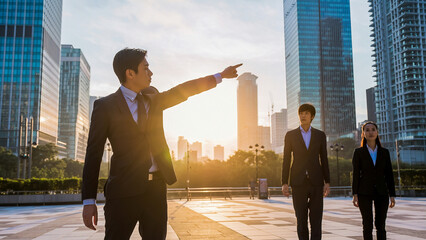 朝日夕日の中の都市オフィスで進路を指し示すビジネスパートナーリーダーと従う従業員の選択した進む未来