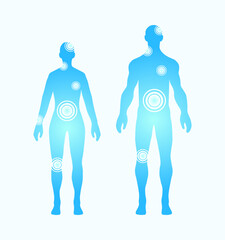 Full height human body shadow shape isolated on white background. Pain localization spot, medical concept. Woman and man flat silhouette icon set. Cartoon vector health care illustration.