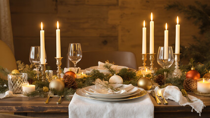 An elegant European holiday table setting with candles, pine branches and ornaments. Warm golden light and natural textures create a cozy minimal festive atmosphere ideal for seasonal lifestyle themes