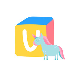 Cute block toy with letter U for kids. Alphabet study, preschool kids, word puzzle game.