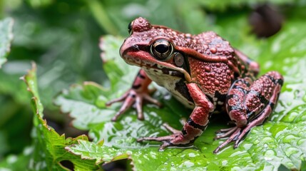 Obraz premium Red and Black Frog Sitting on Green Leaf in Natural Jungle Environment