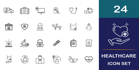Collection of dual toned healthcare icon sets.  Health, care, doctor, nurse, hospital, clinic, medication, pill, report, and vaccine are all included in an icon set.