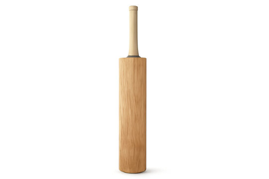 Wooden cricket bat standing vertically, presenting professional sports equipment for batting and playing action - Powered by Adobe