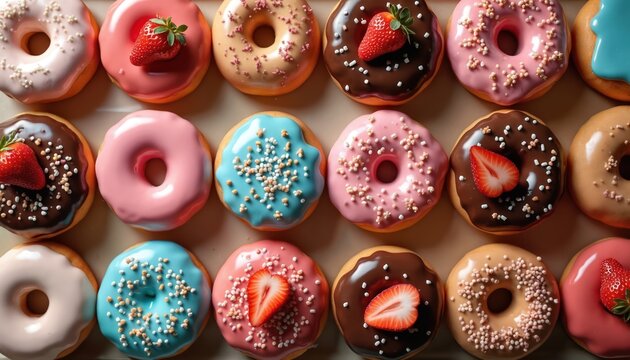 Assorted colorful donuts with icing and sprinkles arranged on a baking sheet. Some feature fresh strawberry slices. Variety of sweet pastry treats.