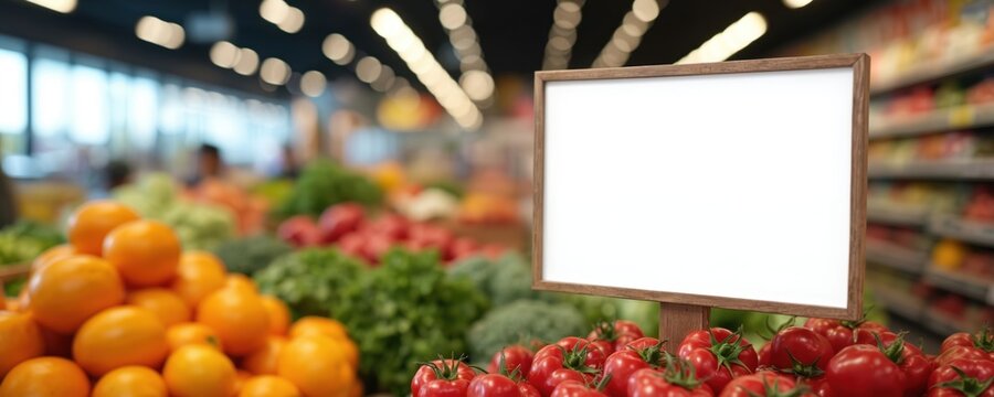 Blank promo sign stands in supermarket among fresh fruit, veggies. Ripe red tomatoes, bright oranges, green produce fill store display. Empty board ready for sale info new product marketing text.
