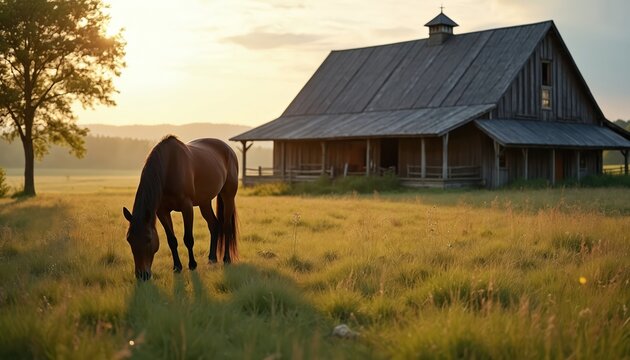 Brown horse grazes in a rich green field near an old wooden barn at sunset. Golden light bathes the tranquil rural landscape. Tall tree stands beside meadow. - Powered by Adobe