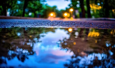 A puddle reflects the sky and blurred lights on a textured surface, under trees. AI.