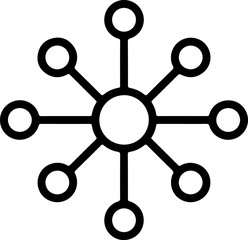 Fototapeta premium A simple black and white icon of a central circle connected to eight outer circles, representing network, connection, distribution, hub, or system isolated on transparent background