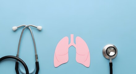 World Lung Day Two stethoscopes and a paper cutout of lungs on a blue background
