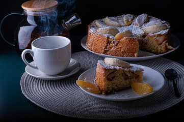 breakfast with brewed tea and apple pie
