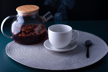 breakfast with brewed tea and apple pie