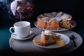breakfast with brewed tea and apple pie