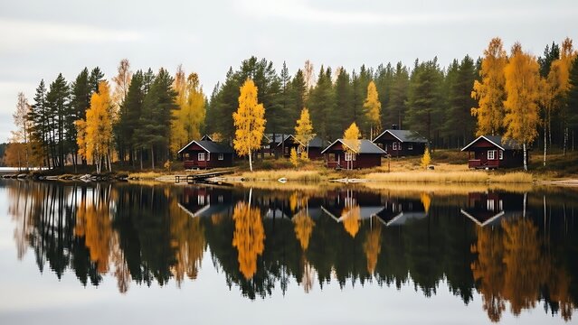 Row of traditional red wooden cabins reflected in a calm lake surrounded by autumn forest