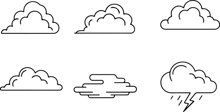 A diverse collection of outline cloud icons, showcasing various shapes from light and airy to a dramatic storm cloud with lightning isolated on transparent background