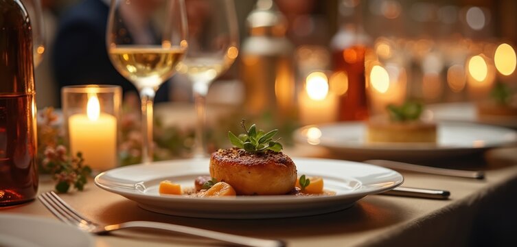 Elegant dinner table setting with fine food and wine. Soft candlelight creates a warm, inviting atmosphere for a special celebration or business event.
