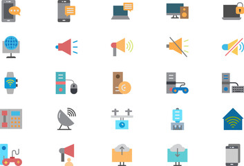 Collection of flat design vector icons representing modern technology and communication