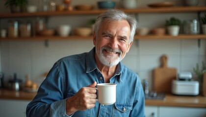 Bearded senior man with mug smiles in modern kitchen. Elderly gentleman enjoys hot drink. He is happy retired person in domestic casual attire. Relaxed male lifestyle.