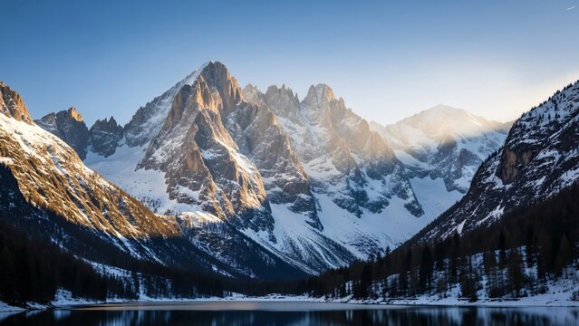 Majestic snowy mountains reflecting in a serene alpine lake at sunset.
