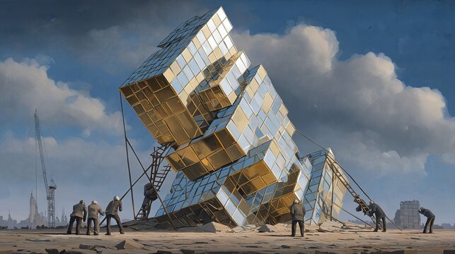 A leaning tower constructed from reflective cubes is supported by wooden crutches while workers reinforce its structure.