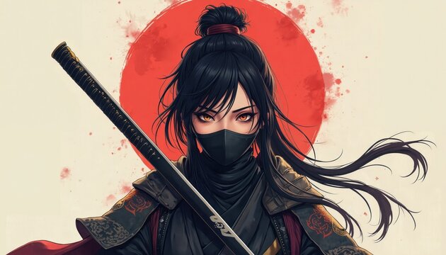 Anime warrior woman wearing mask and holding katana sword. Female ninja with samurai armor and traditional Japanese style art. Red sun disk in background.