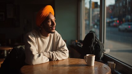 A Thoughtful Individual in a Cozy Café, Illuminated by Warm Natural Light, Reflects on Life with a Warm Drink in Hand