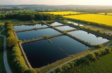 Aerial view of reservoirs in nature. Water basins reflect sky in summer at countryside. Eco systems provide water purification. Green grass, trees, yellow field view at background near forest.