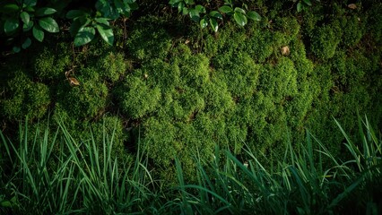 Lush green moss and grass growing on the ground in a dense forest environment. Nature, vegetation, and green plant life. The concept of forest ecology and plant growth.