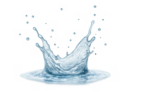 Water splash crown forming on liquid surface with flying drops, demonstrating refreshing energy, transparent background