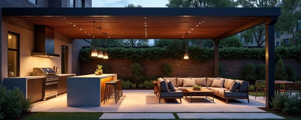 Modern outdoor kitchen under pergola with ambient lighting. Open-air cooking area features grill bar stools. Stylish patio furniture creates lounge space. Backyard design includes greenery brick wall.