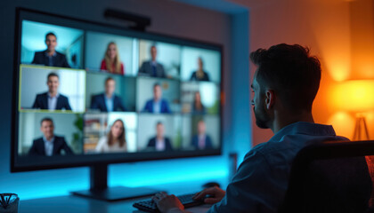 Man attends online video conference meeting on large monitor in home office. Team members on screen during remote teamwork. Digital communication tech concept.