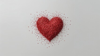 Heart shape made of red glitter or small particles on a plain white background.