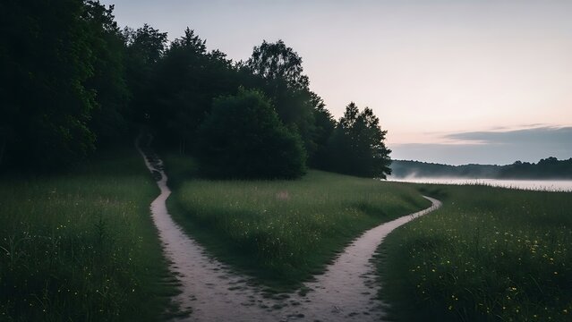A dirt path forks into two directions in a grassy field near a dark forest at dusk