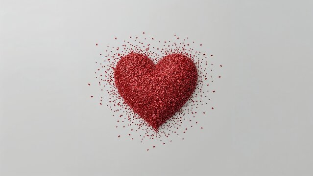 Heart shape made of red glitter or small particles on a plain white background. - Powered by Adobe