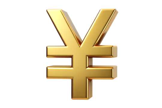 Shiny golden yen symbol, with realistic 3D rendering and subtle reflections, cutout, PNG, isolated on white or transparent background, AI