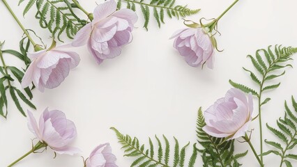 Spray of purple flowers with green fern leaves arranged on a white background.