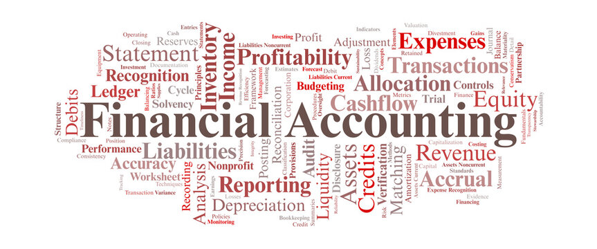 Financial Accounting Word Cloud. A collection of key terms covering assets, accrual concepts, and reporting principles.
