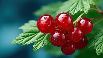 A close-up shot of a cluster of bright red currants covered in water droplets, growing on a branch with vibrant green leaves. The background is a soft, out-of-f
