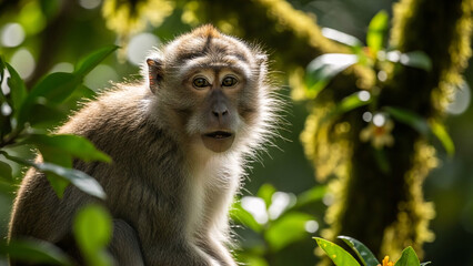 Fototapeta premium Curious monkey gazes intently from jungle foliage in lush, tropical wildlife habitat, perfect for nature themes