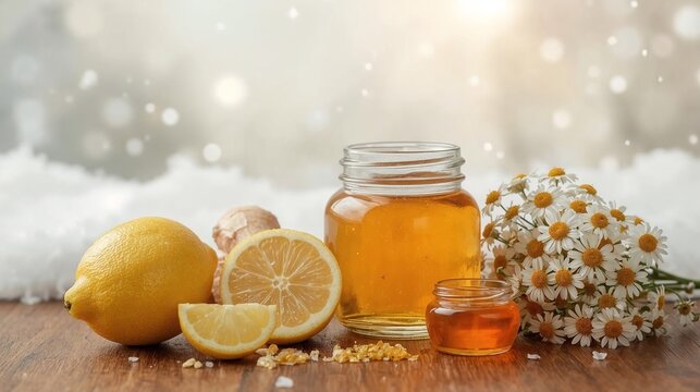 Ingredients for strengthening immunity in winter - a jar of honey with lemon, ginger and chamomile flowers on a wooden table